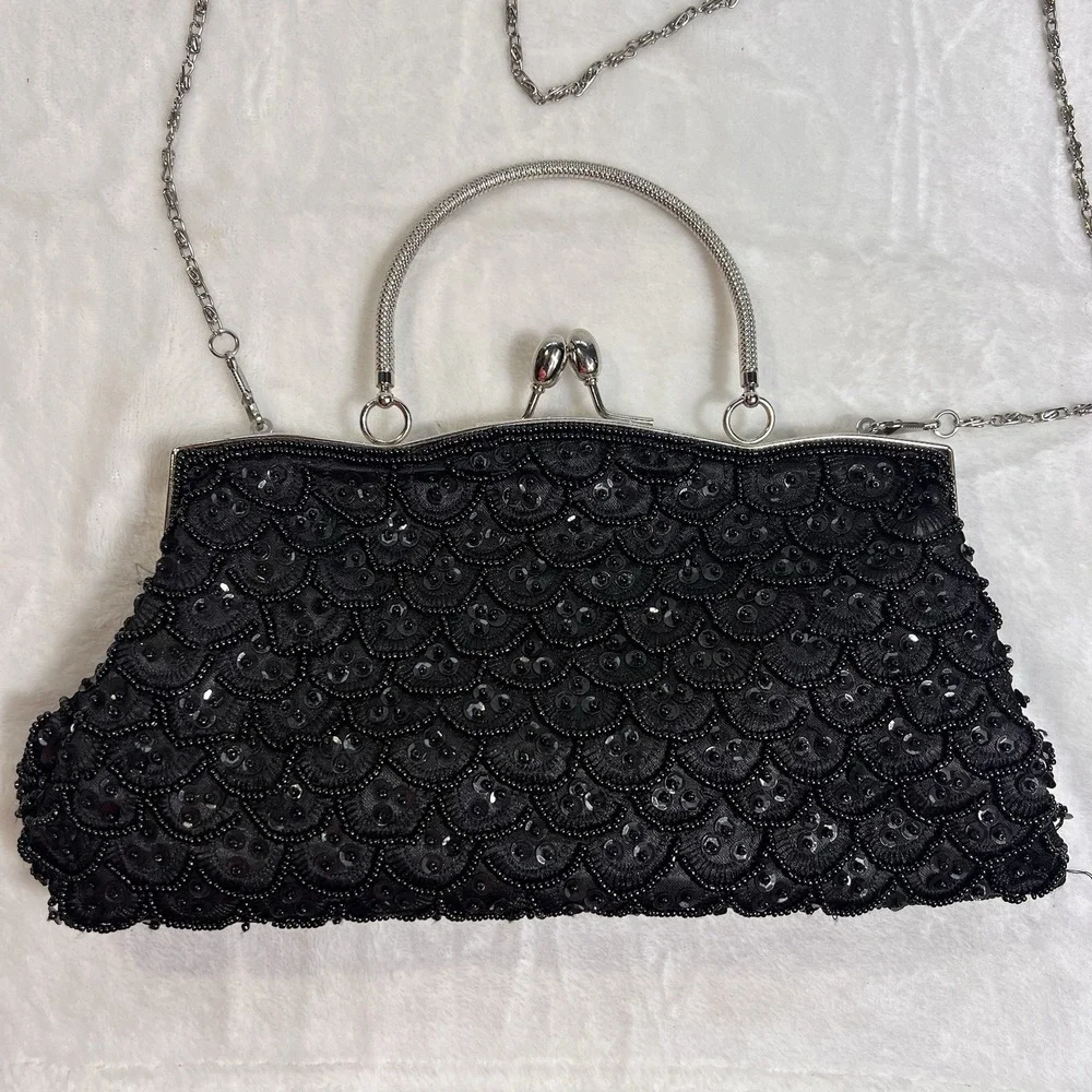 Vintage MG Collection Black Beaded Evening Bag Kisslock Chain Clutch Purse
